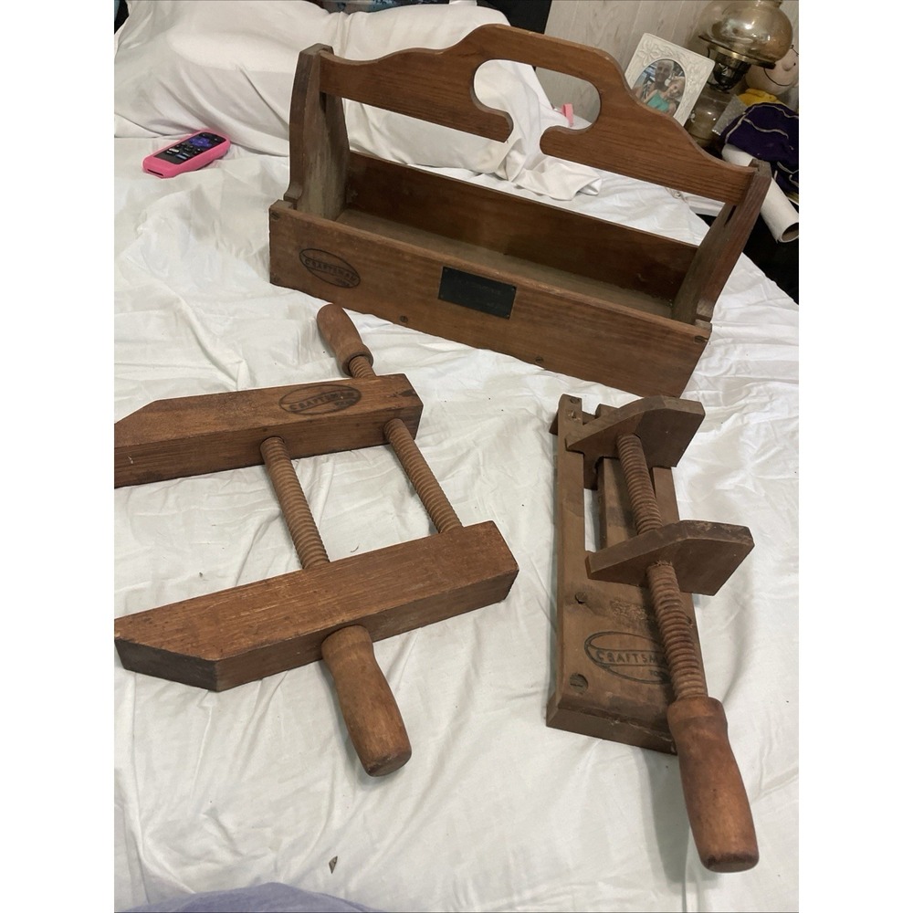 Vintage Wood Clamp, Sears Craftsman Lot Of 2 With Wooden Tool Carrier